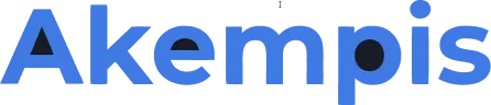 Logo with the word "Akempis" in bold blue letters on a transparent background.